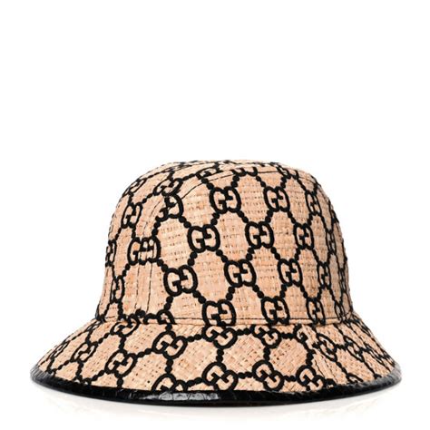 GUCCI Raffia Elaphe GG Monogram Embroidered Fedora Hat L Ivory Black