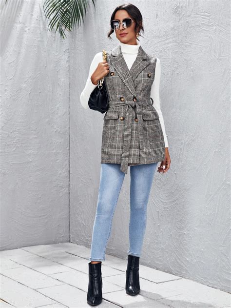 Shein Double Breasted Belted Plaid Vest Plaid Vest Plaid Vest Women