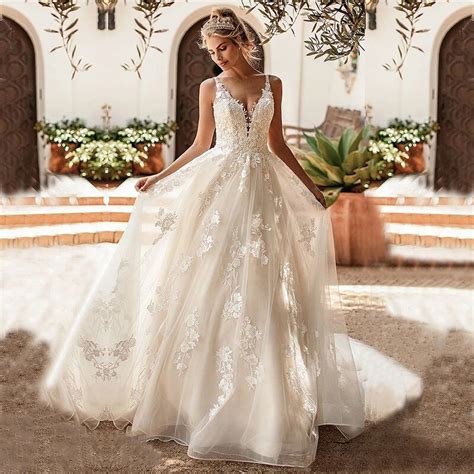 Eightale New Boho Wedding Dress V Neck Appliques Lace Princess Tulle A