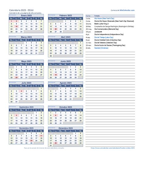 Calendario Efemerides 2023 USA Calendario 2023 EEUU Cortesia De