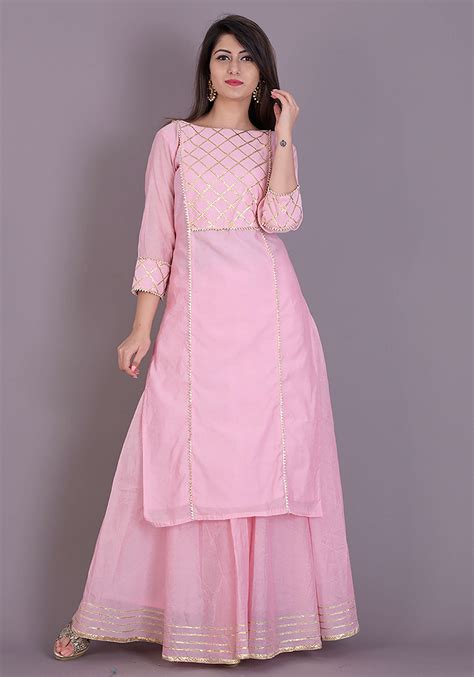 Baby Pink Gota Kurta With Flared Skirt Dress Neck Designs Kurti