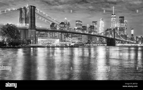 Black And White Photo Of Brooklyn Bridge And Manhattan At Night New