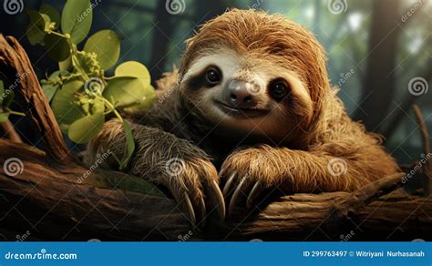 Cute Sloth Hanging On Tree Branch With Funny Face Look Generative Ai