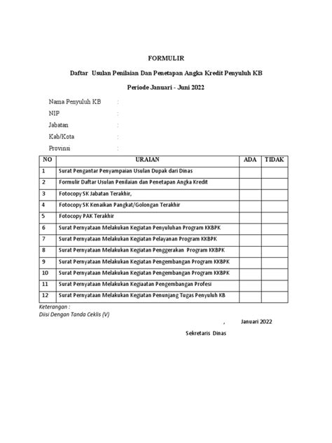 Formulir Daftar Usulan Penilaian Dan Penetapan Angka Kredit Penyuluh Kb Pdf