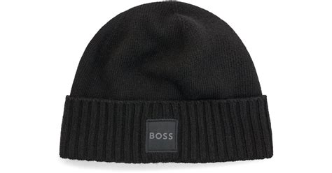 BOSS by HUGO BOSS Cashmere Knitted Beanie Hat With Woven Logo Badge in Black for Men | Lyst