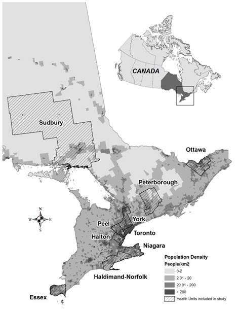 Population density map of Ontario illustrating public health ...