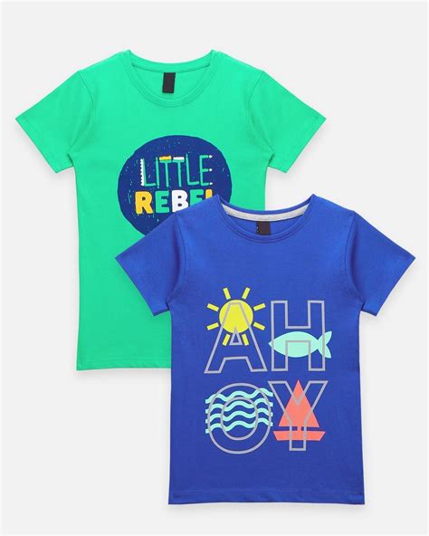 Buy Pack Of 2 Boys Green And Blue Little Rebel Graphic Printed T Shirt