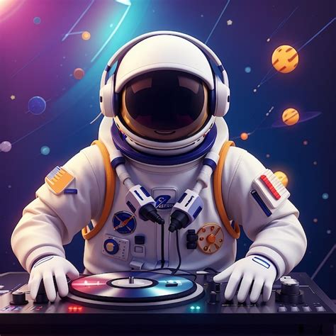 Astronauta bonito tocando DJ Música eletrônica fone de ouvido