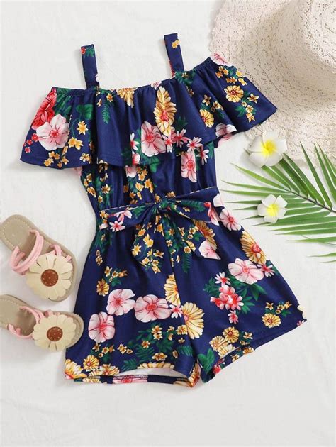 Shein Girls Foldover Cold Shoulder Self Belted Floral Romper Rompers