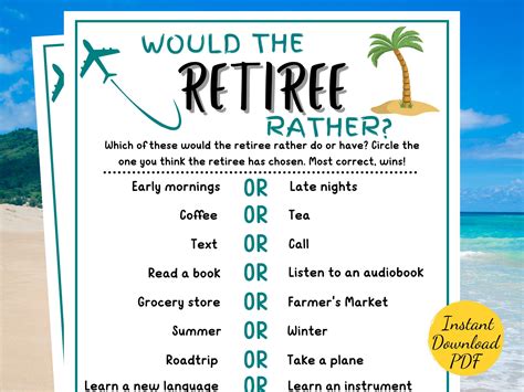 Retirement Would The Retiree Rather Game Printable Retirement Party