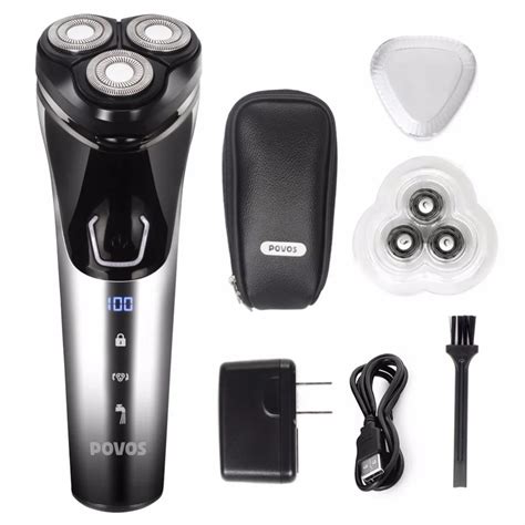 Povos Men Washable Rechargeable Rotary Electric Shaver Razor With 3d