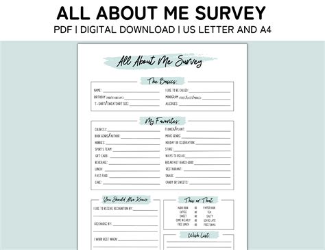 Employee Favorite Things List Printable All About Me Employee Survey