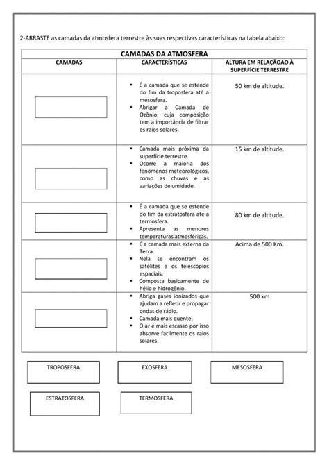 Camadas Da Atmosfera Terrestre Worksheet