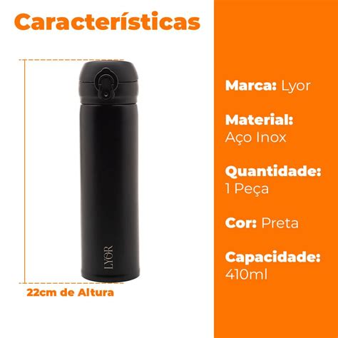 Garrafa Squeeze Térmico Parede Dupla Aço Inox Preto 410ml Lyor 4683