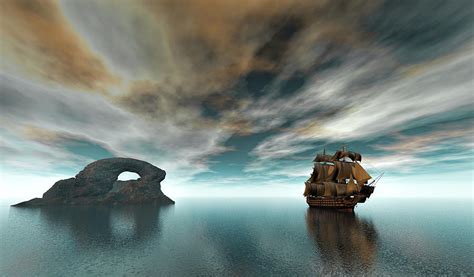 Sailing Ship In Vast Ocean Digital Art By Carlos Ramos Pixels