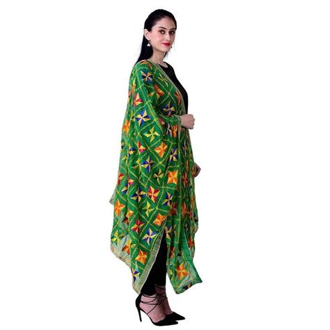 Phulkari Green Dupattas For Womens Hand Embroidered In Amritsar