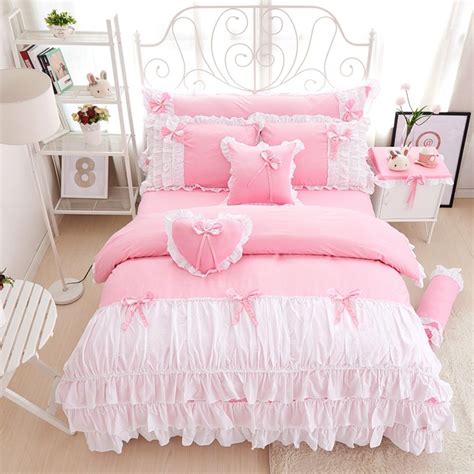 34pcs Cotton Pink Princess Bedding Set Lace Edge Solid Pink And White Color Twin Queen King