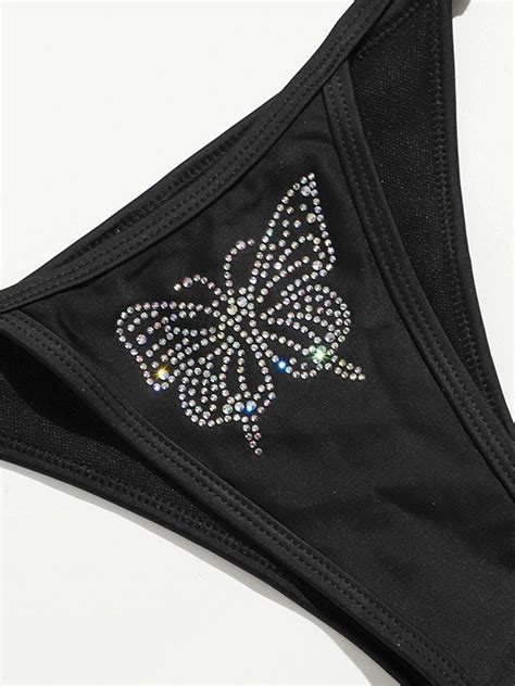 Emmiol Free Shipping 2023 Rhinestone Butterfly Bikini Set Black S In