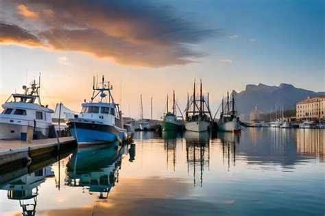 Premium AI Image | fishing boats in the harbor at sunset