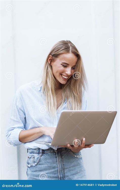 Beautiful Smiling Girl Holding Laptop Computer Stock Image Image Of Female Beauty 147914681