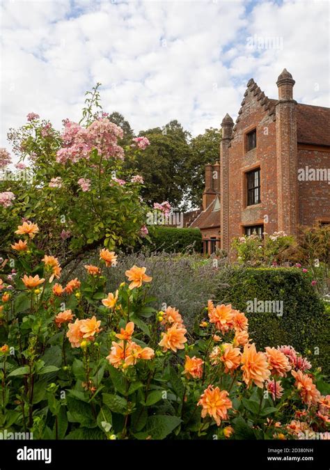 Chenies Manor gardens in September. Chenies Manor framed by pastel pink ...