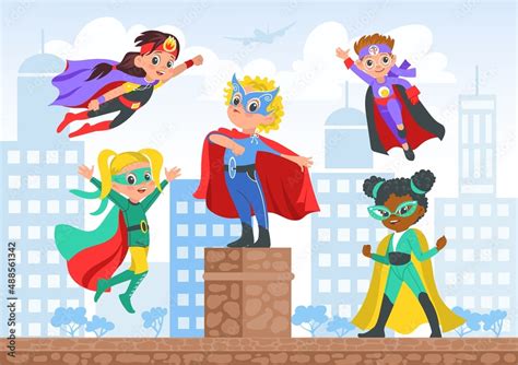 Kids superheroes in city. Comic children characters on street. Boys and girls in color capes ...