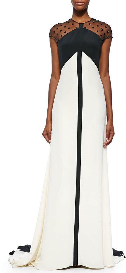 Lela Rose Beaded Sheer Back Colorblock Gown Blackivory 5 995 Neiman