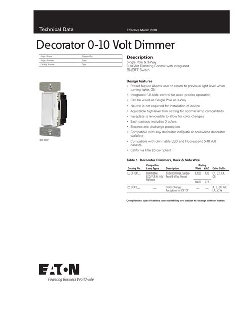 Decorator 0 10v Dimmer Spec Sheet