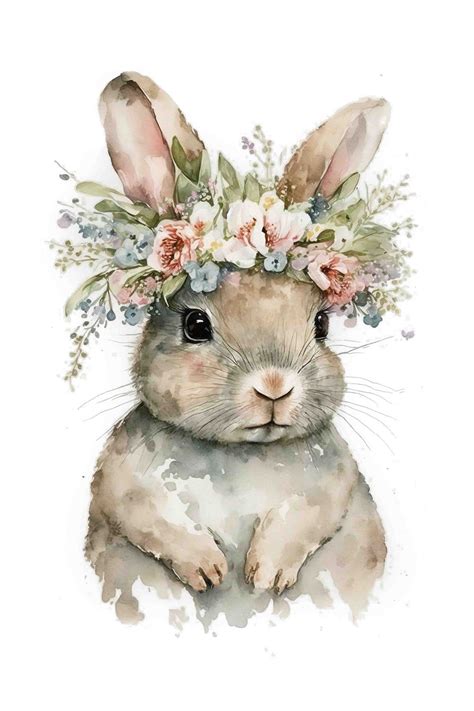 Watercolor Adorable Baby Bunny With Flower Crown Easter Wall Art