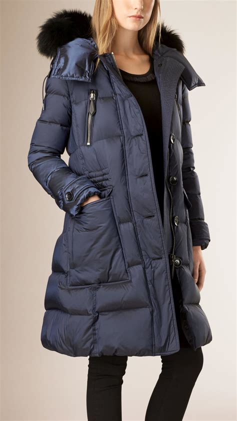 Burberry Down Filled Puffer Coat With Fox Fur Trim Hood In Blue Lyst