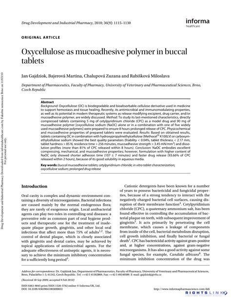 PDF Oxycellulose As Mucoadhesive Polymer In Buccal Tablets