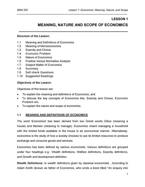 L 1 LESSON 1 MEANING NATURE AND SCOPE OF ECONOMICS LESSON 1