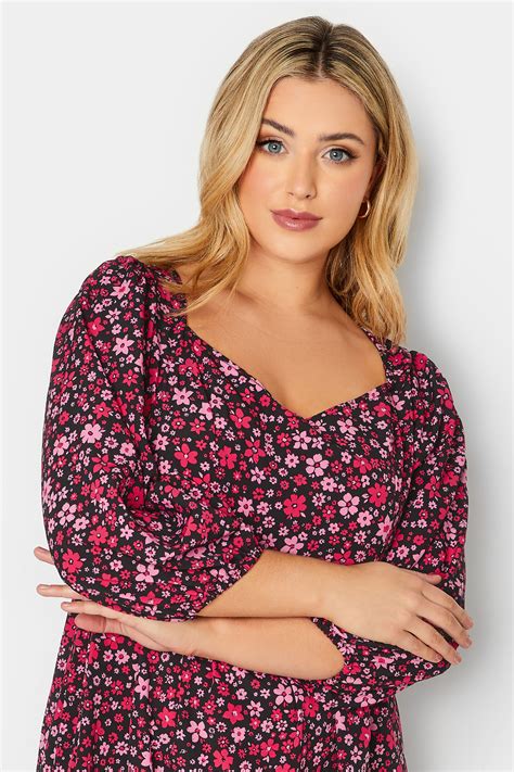 Plus Size Black And Pink Floral Smock Midi Dress Yours Clothing