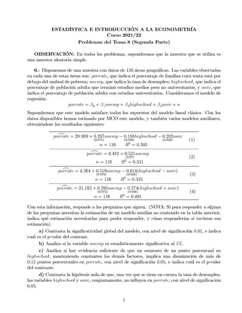 Problemas tema 8B ESTADÕSTICA E INTRODUCCIN A LA ECONOMETRÕA Curso