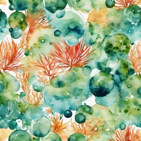 Premium Ai Image Marine Water Algae And Bubbles Watercolor Illustration Seamless Pattern On