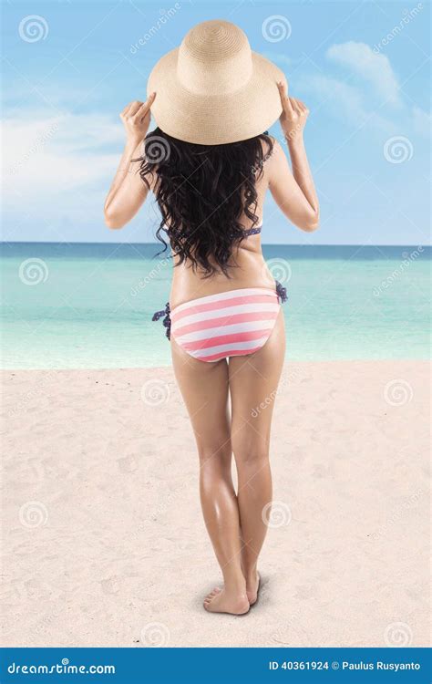 Backside Woman In Striped Bikini Stock Photo Image Of Attractive