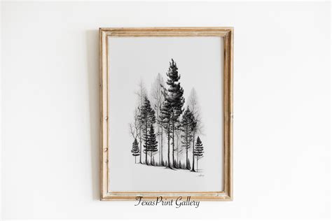 Forest Trees Pencil Drawing, Printable Art, Digital Wall Decor, Digital Forest Print, Vintage ...