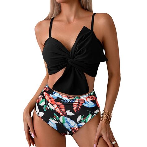 Women S Two Piece Bikini Set Floral Print Knot Bunny Tie High Waisted