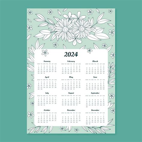 Modello Di Calendario 2024 Disegnato A Mano Con Foglie E Fiori