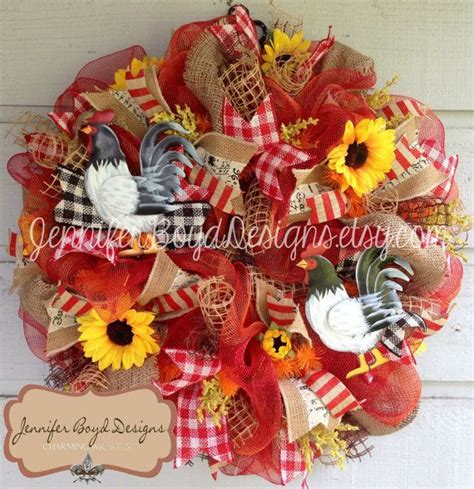 Country Sunflowers And Roosters Mesh Wreath With Sunflowers And Burlap