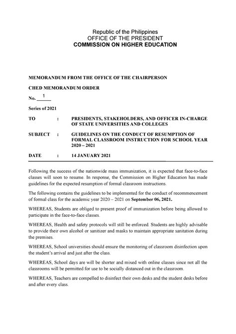 Sample Memorandum Order OF CHED Business Administration Studocu