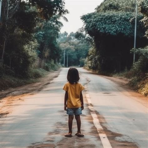 Una niña parada en la carretera niña caminando hacia un charco de barro