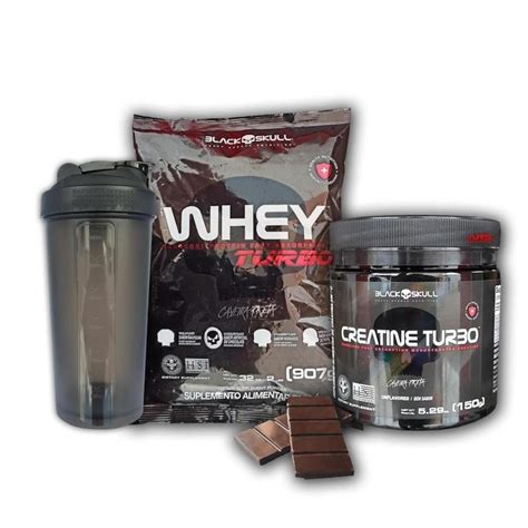 Kit Whey Black Skull Turbo 907g Morango Creatina 150g