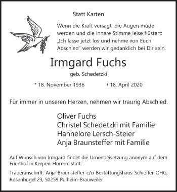 Traueranzeigen Von Irmgard Fuchs Wirtrauern