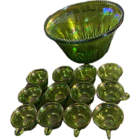 1970s Vintage Green Carnival Glass Punch Bowl Set With 12 Cups Chairish