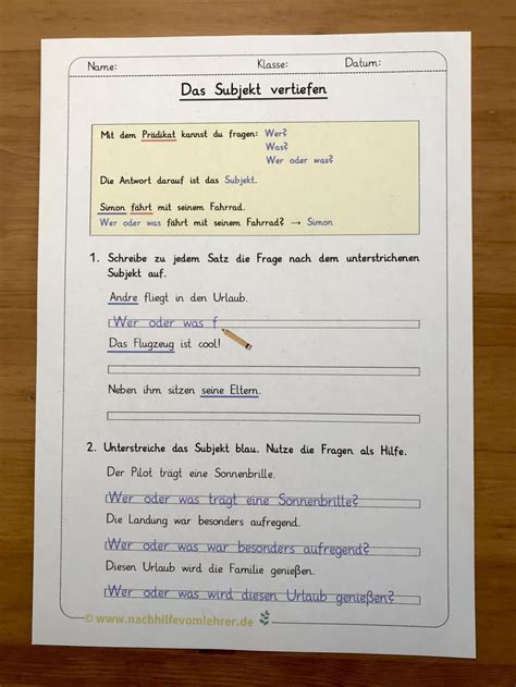 Grammatikunterricht Klasse 3 Satzglieder das Subjekt üben