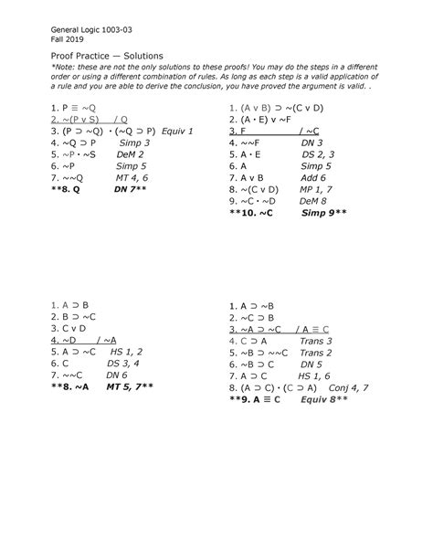 Propositional Logic Proofs Practice General Logic 1003 Fall 2019 Proof Practice — Solutions