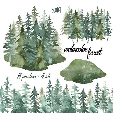 Watercolor Pine Trees Clipart Watercolor Forest Clipart Etsy Finland