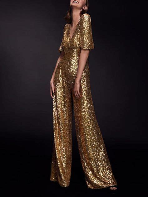 Elegant Temperament Sequined V Collar Jumpsuit Sequin Jumpsuit Gold