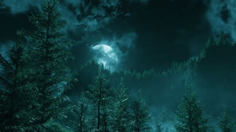 Fantasy Moon Tree Luminos Luna Song Xuwen Night Forest Cloud Green Hd Wallpaper